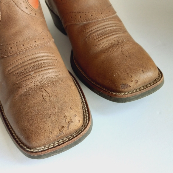 JUSTIN Stampede Kids Tan & Sunrise Dusty Leather Square Toe Western Boots 4 D - Picture 4 of 11